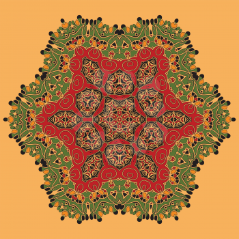Yoga. Green and Red Oriental Mandala. Abstract Retro Ornate Mandala Wallpaper for greeting card, Brochure, Card or Invitation with Islamic, Arabic, Indian, Ottoman, Asian motifs.
