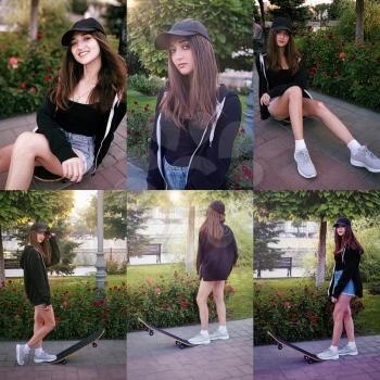 Teenage girl skater in park, set of different angle images sitting and standing.