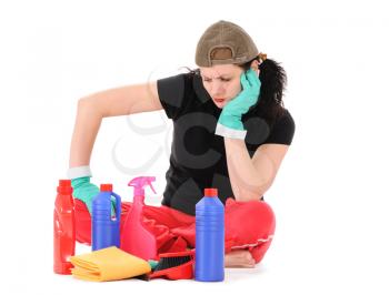 The woman has thought of washing-up liquids isolated on white background