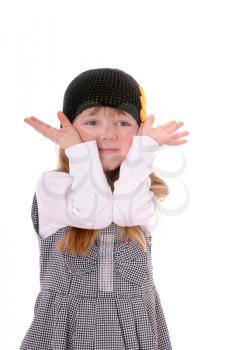 girl in a black knitted hat isolated on white background