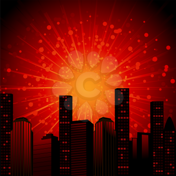 Royalty Free Clipart Image of a City Scene With Bright Light Exploding From Behind