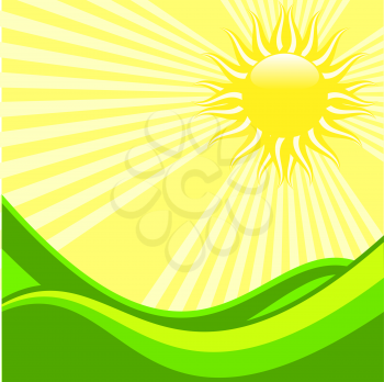 Royalty Free Clipart Image of an Illustration of Sun Shining on a Green Meadow