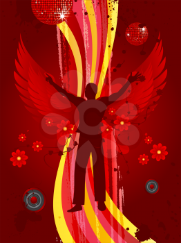 Royalty Free Clipart Image of a Winged Man on a Colorful Background