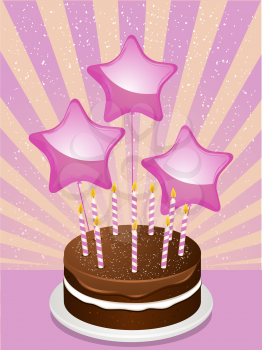 Royalty Free Clipart Image of a Chocolate Cake With Candles and Balloons