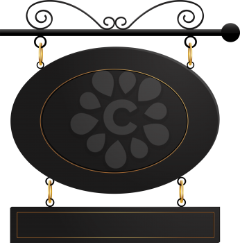 Royalty Free Clipart Image of a Sign Hanging From a Black Ornate Pole