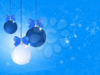 Royalty Free Clipart Image of Blue Christmas Ornaments on a Floral Background With Snowflakes