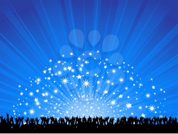 Royalty Free Clipart Image of an Outdoor Scene With a Crowd Partying Against the Night Sky