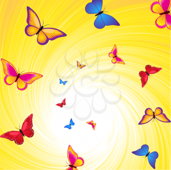 Royalty Free Clipart Image of a Swirling Background With Colourful Butterflies