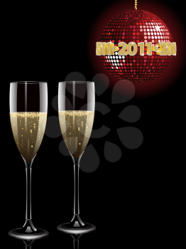Royalty Free Clipart Image of Two Glasses of Champagnes and a Disco Ball