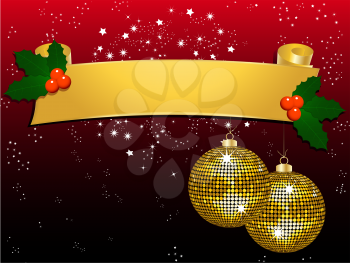 Royalty Free Clipart Image of a Christmas Banner With Holly and Gold Disco Baubles