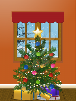 Royalty Free Clipart Image of a House Decorated With a Christmas Tree and Presents