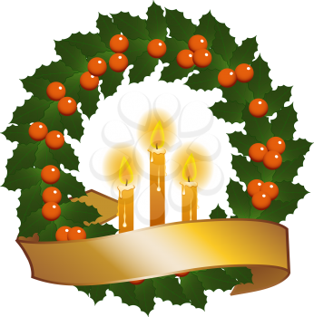 Royalty Free Clipart Image of a Christmas Wreath and Gold Banner