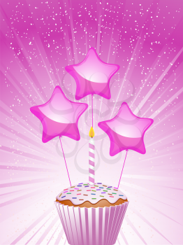 Royalty Free Clipart Image of a Pink Cupcake and Candle With Balloons