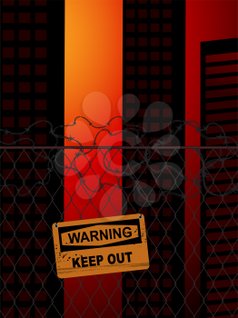 Royalty Free Clipart Image of a Fence and Warning Sign