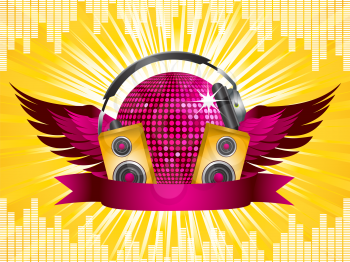 Royalty Free Clipart Image of a Winged Disco Ball With Gold Speakers and Headphones