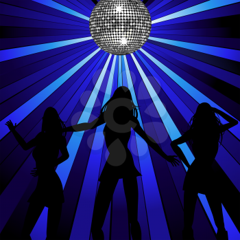 Royalty Free Clipart Image of Three Women Dancing Underneath a Disco Ball