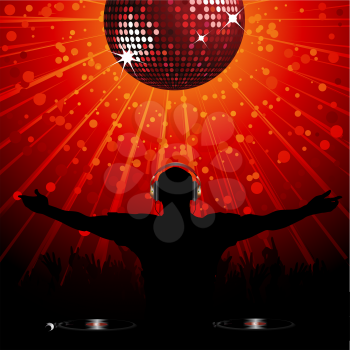 Royalty Free Clipart Image of a DJ Wearing Headphones Entertaining a Crowd