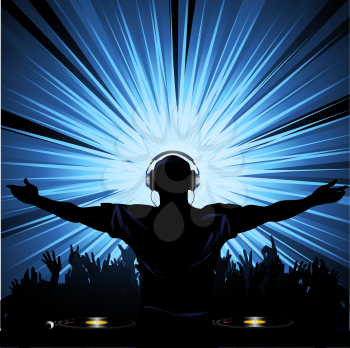 Royalty Free Clipart Image of a DJ Wearing Headphones Entertaining a Crowd