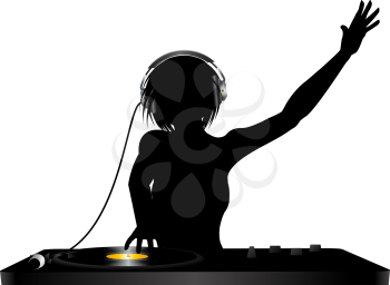 Royalty Free Clipart Image of a Female DJ Wearing Headphones Mixing on a Turntable