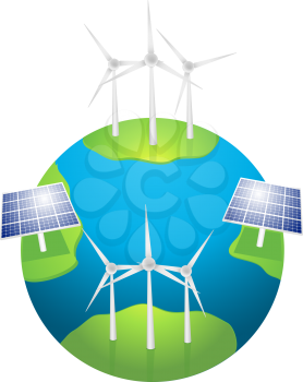Royalty Free Clipart Image of an Ecological Planet With Alternative Power Sources