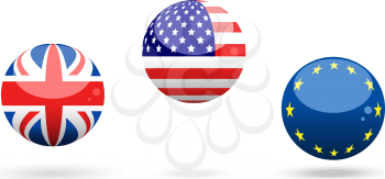 Royalty Free Clipart Image of Spheres With United Kingdom, United States of America and European Union Flags on Them