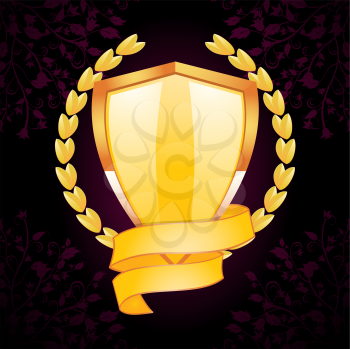 Royalty Free Clipart Image of a Gold Shield and Banner on a Floral Background