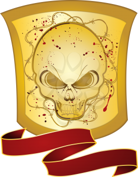 Royalty Free Clipart Image of an Evil Skull on a Golden Shield With a Red Banner