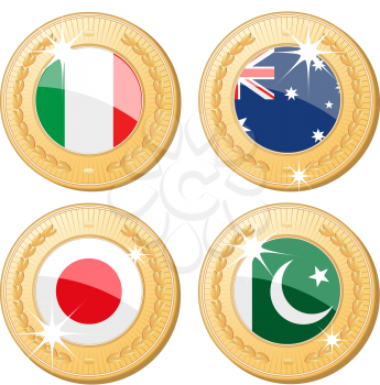Royalty Free Clipart Image of Gold Medals With Flags of Italy, Australia, Japan and Pakistan in Centers
