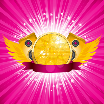 Royalty Free Clipart Image of a Disco Ball With Gold Speakers and Wings