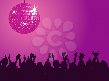 Royalty Free Clipart Image of a Crowd Cheering and Clapping Underneath a Disco Ball