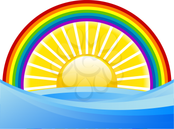 Royalty Free Clipart Image of a Sun and Waves With a Rainbow