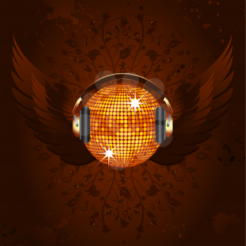 Royalty Free Clipart Image of a Gold Disco Ball With Headphones and Wings