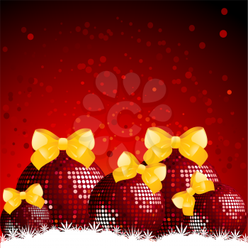 Royalty Free Clipart Image of Sparkling Red Christmas Baubles With Yellow Ribbons 