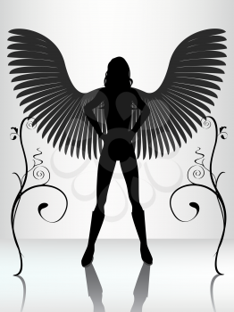 Royalty Free Clipart Image of a Silhouette of a Female Angel