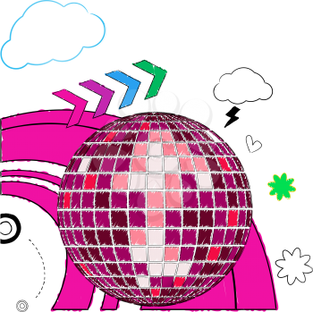Royalty Free Clipart Image of a Disco Ball With Doodle Arrows and Clouds
