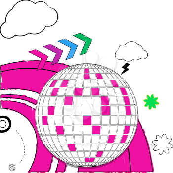 Royalty Free Clipart Image of a Sketched Disco Ball on a Doodle Background 