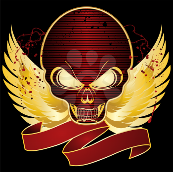 Royalty Free Clipart Image of a Winged Skull and Banner
