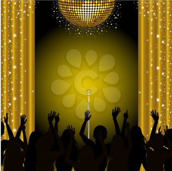 Royalty Free Clipart Image of a Theater Stage With a Disco Ball and Cheering Crowd