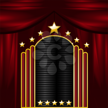 Royalty Free Clipart Image of a Theater Sign and Curtains