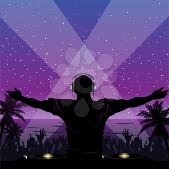 Royalty Free Clipart Image of a DJ and Crowd in a Tropical Scene 