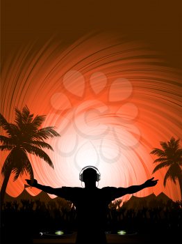 Royalty Free Clipart Image of a DJ Playing to a Large Crowd