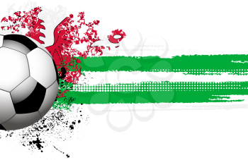 Royalty Free Clipart Image of a Football on a Grunge Welsh Flag and Halftone Banner