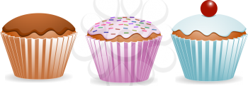 Royalty Free Clipart Image of Three Cupcakes