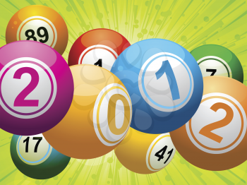 New year bingo lottery balls on and green star burst background