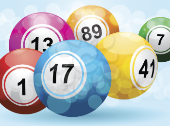3d bingo balls on a landscape blue background