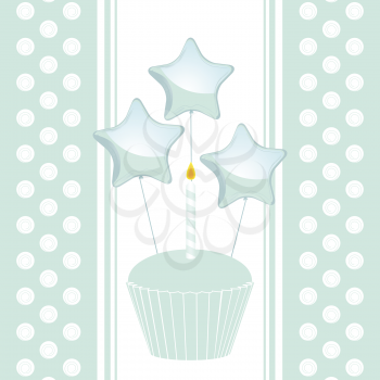 Blue birthday cupcake with candle and balloons on a blue border background