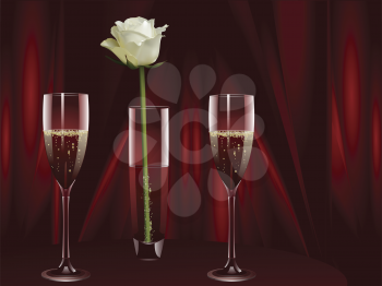 Vector illustratin of glass of pink champagne and two Christmas baubles