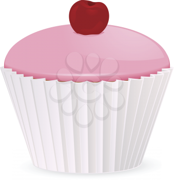Pink iced cupcake with cherry on top in a white case