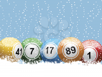 lotter or bingo balls on a snowy Christmas background