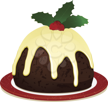 Christmas pudding with dripping brandy sauce and holly on a red plate